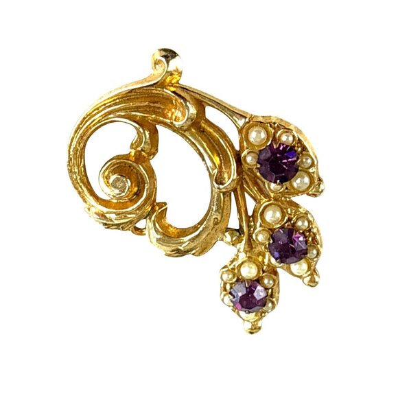Vintage Gold Tone Brooch Purple Rhinestones Faux Pearls Leaf Design - Picture 7 of 8